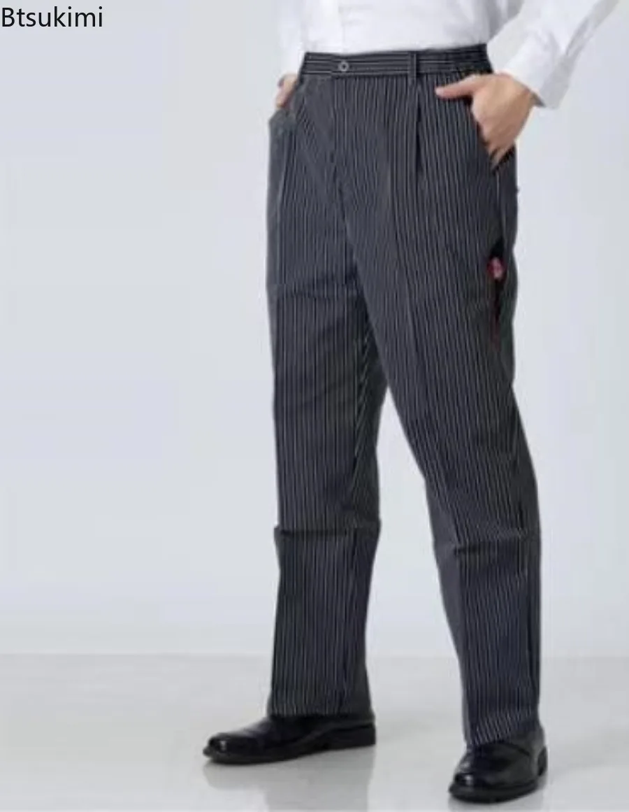 Pantalones de Chef, uniforme de restaurante, pantalones de Chef, ropa de trabajo elástica holgada gris a rayas, pantalones de cebra para hombres, disfraz de cocinero, uniformes de cocina