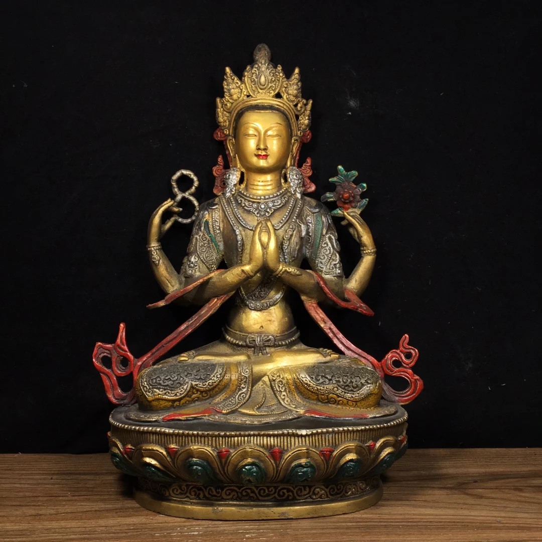 

9"Tibetan Temple Collection Old Bronze Cinnabar Painted Four-arm Guanyin Lotus Stage Sitting Buddha Worship Hall Town House