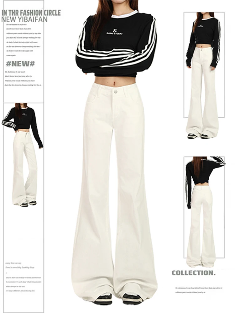 

plus Size Women's White Elastic Micro Flare Jeans High Waist Straight Leg Denim Pants for Pear Shaped plus Size Ladies Autumn