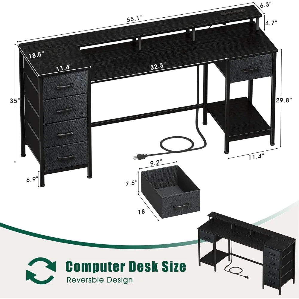 Bureau de jeu 55 pouces avec prises de courant, lumières LED, bureau de bureau réversible avec tiroirs en tissu réglables pour le travail
