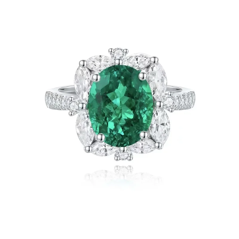 Ruihe Luxury 925 Silver Oval Shape 2.32ct Lab Grown Emerald Simulated Diamond Ring for Women Daily Office Anniversary Jewelry