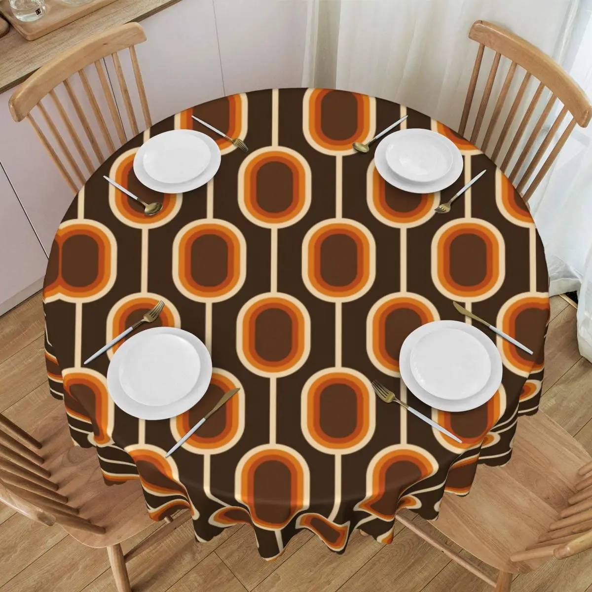 70s Pattern Orange And Brown Nodes Round Tablecloths 60 Inches Colorful Mid Century Table Covers for Parties Table Cloth