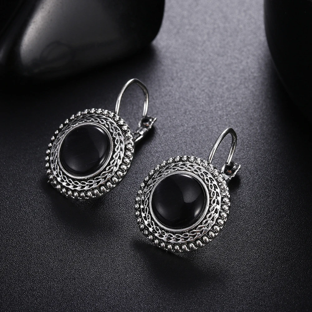 Vintage Ethnic Silver Color Round Opal Earrings for Women Boho Exaggerated Temperament Gothic Accessories Jewelry Drop Earrings