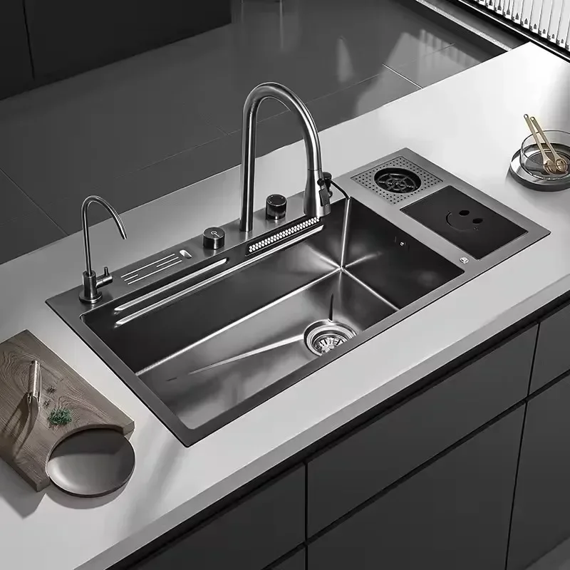 

Scratch Resistant Multifunctional Knife Holder Double Bowl Square Counter Waterfall Stainless Steel Kitchen Sink Set