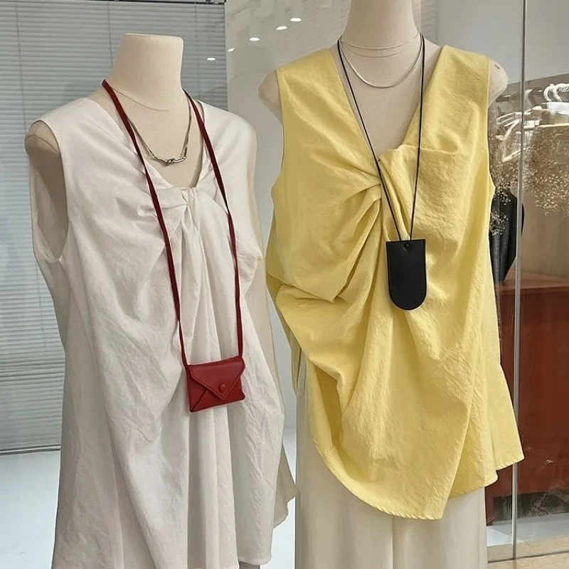 

Summer Fashion Simple V-neck Vest for Women Elegant Casual All-match White Tank Top Loose Sleeveless Mid-length Tops Mujer