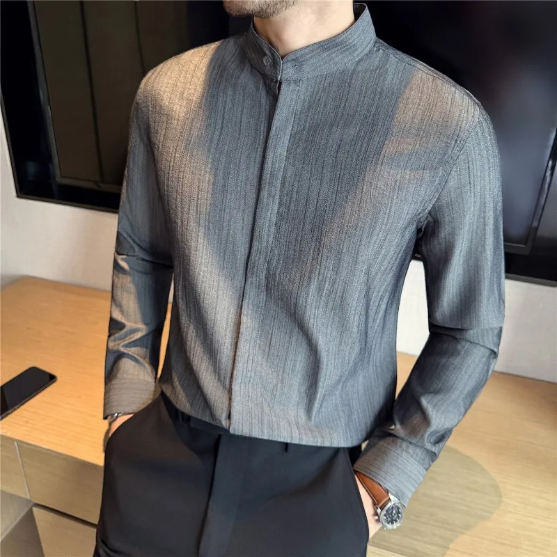 

Men Striped Dress Shirt British Style Anti-wrinkle Soft Solid Casual Slim Fit Long Sleeved Stand Collar Shirts Men Clothing