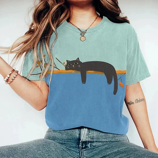 

Japenese Art Style Cute Little Lazy Cat Blue T Shirt Summer Women O Neck Short Sleeved T Shirt