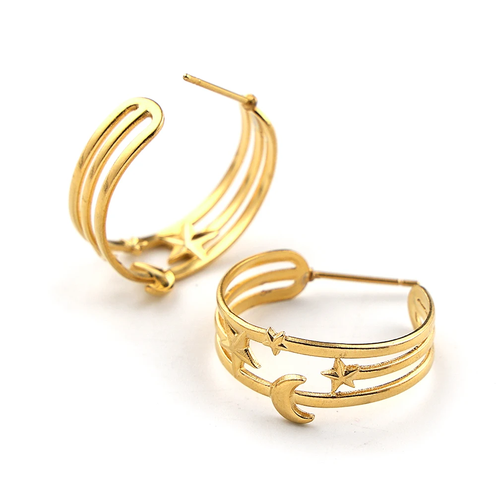 Minimalist Multi-layer Crescent Moon Star Hoop Earrings For Women Stainless Steel Gold Plated Vintage C-shape Earring Jewelry