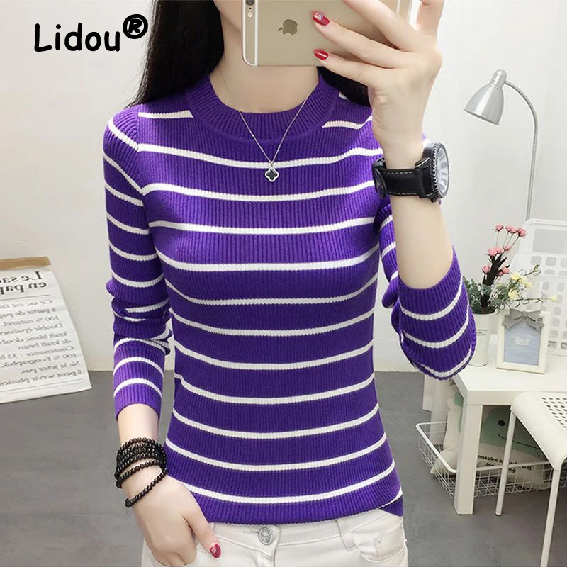 

Clothes for Women Autumn Korean Fashion Striped All Match Knitted Sweater Female O Neck Long Sleeve Slim Fit Basic Pullover Tops