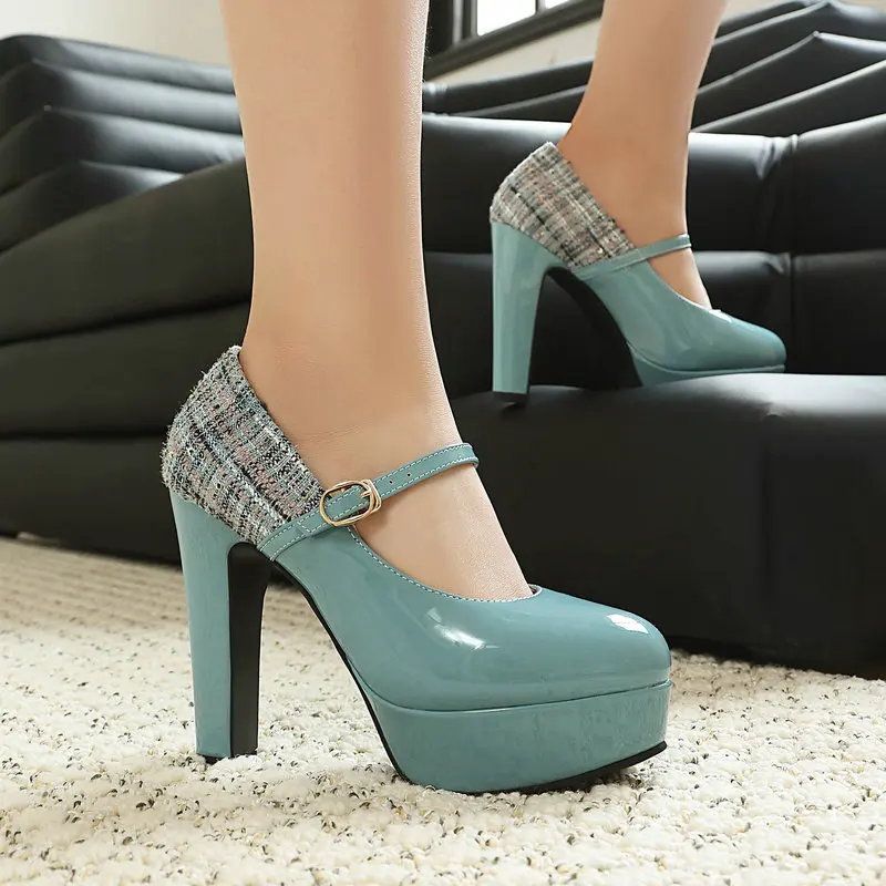 Zapatos de tacón alto con plataforma Mary Janes para mujer, tallas grandes 45 46 47 48, azules y rojos, con punta cerrada, ideales para bodas y novias.