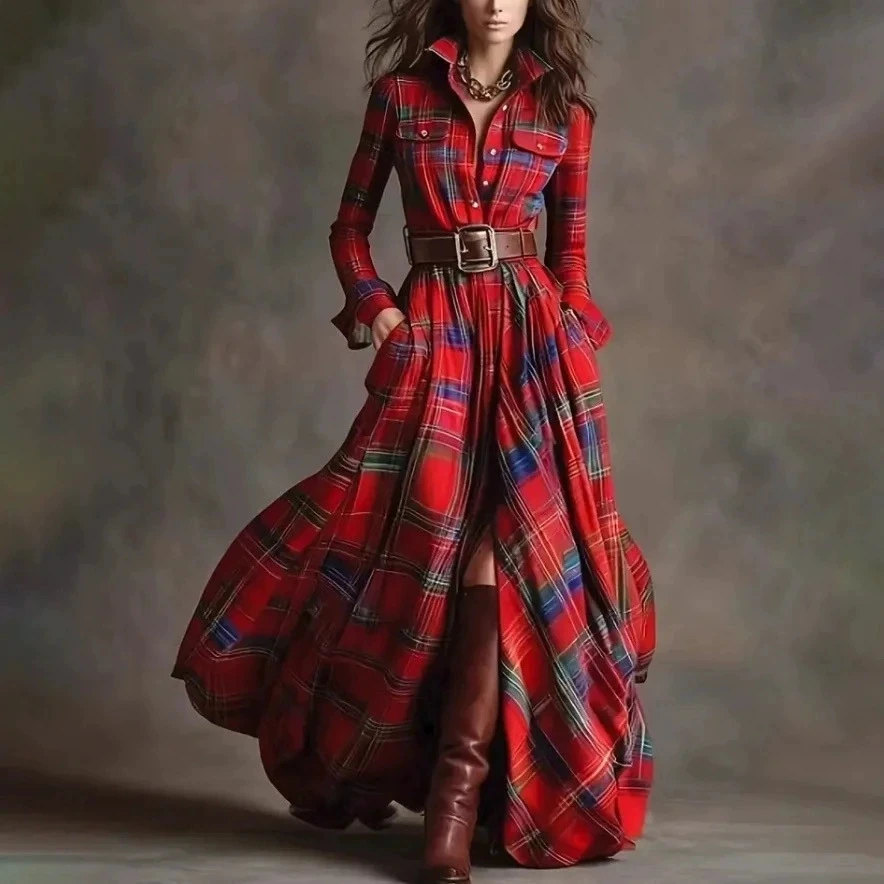 

Vintage Plaid Print Long Dress Women Spring Autumn New Belt Single Breasted Shirt Long Dresses Casual Lady Commuting Vestidos