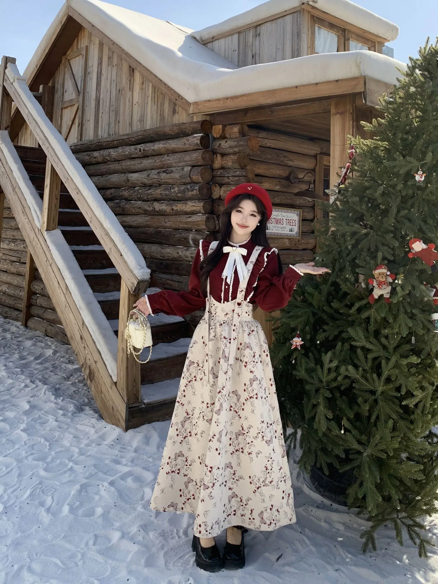 MAGOGO Autumn Winter Elegant Skirt Sets Retro Waist-closing Strap Long Skirt Wine Red Bow Shirt Plus Size 2Pcs Banquet Outfit