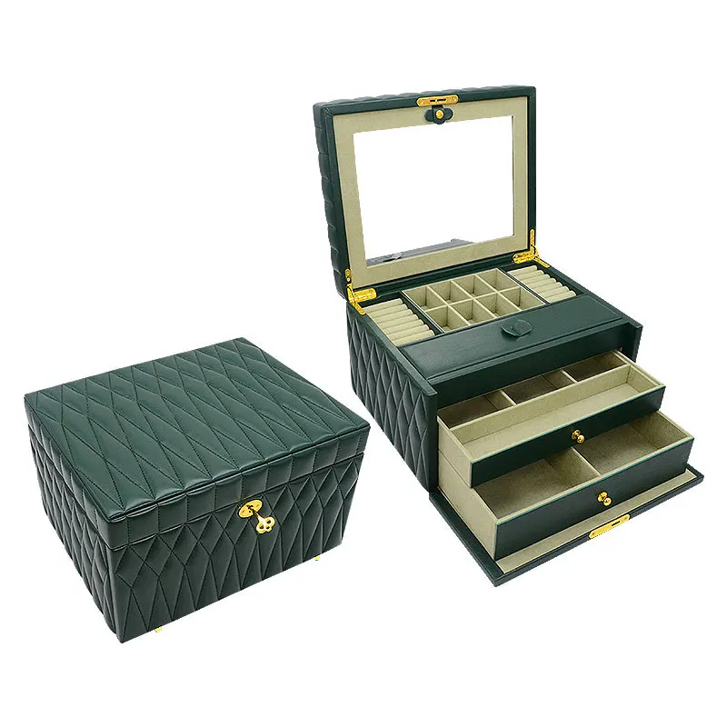 Jewelry box drawer type with lock, multi-layer large-capacity jewelry box with makeup mirror, necklace jewelry storage box