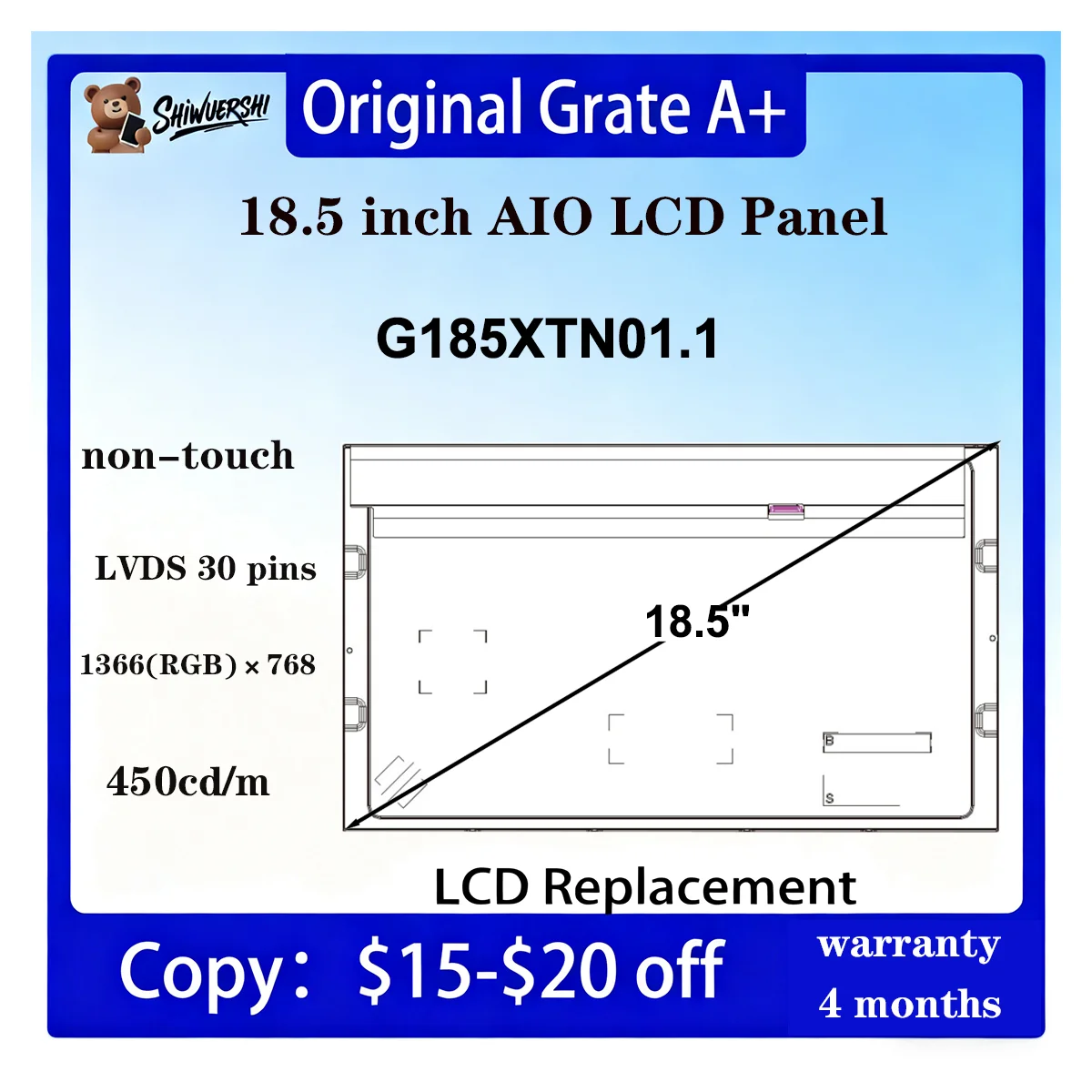 

18.5 inch Wholesale Original New LCD 18.5 Inch Panel Display Monitor G185XTN01.1