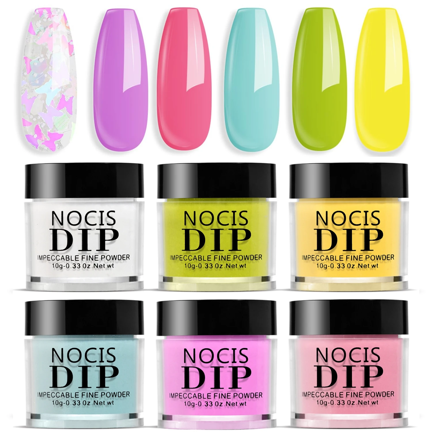 Set dippoeders met 6 glitterkleuren inclusief rood en groen, perfect voor Franse nagelkunst. Ideaal voor salongebruik