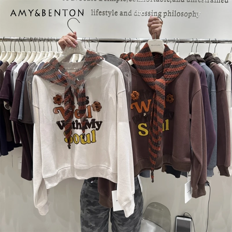 

Autumn Winter New Women's Short Coat Loose Hoodies European Style Heavy Embroidery Flower Letter Pullover Round Neck Sweatshirts