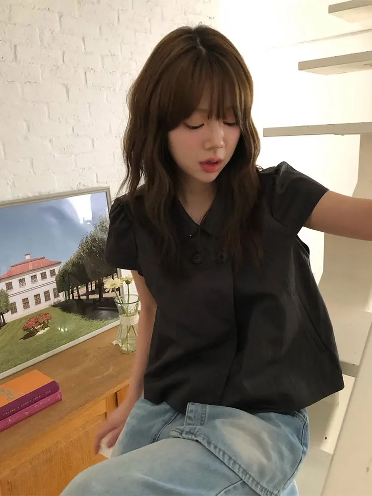 

Korean Sle ort Sve Bubble Sve irt Women's Summer Top Double Row Button High Waist Commute Faion Polyester Fiber