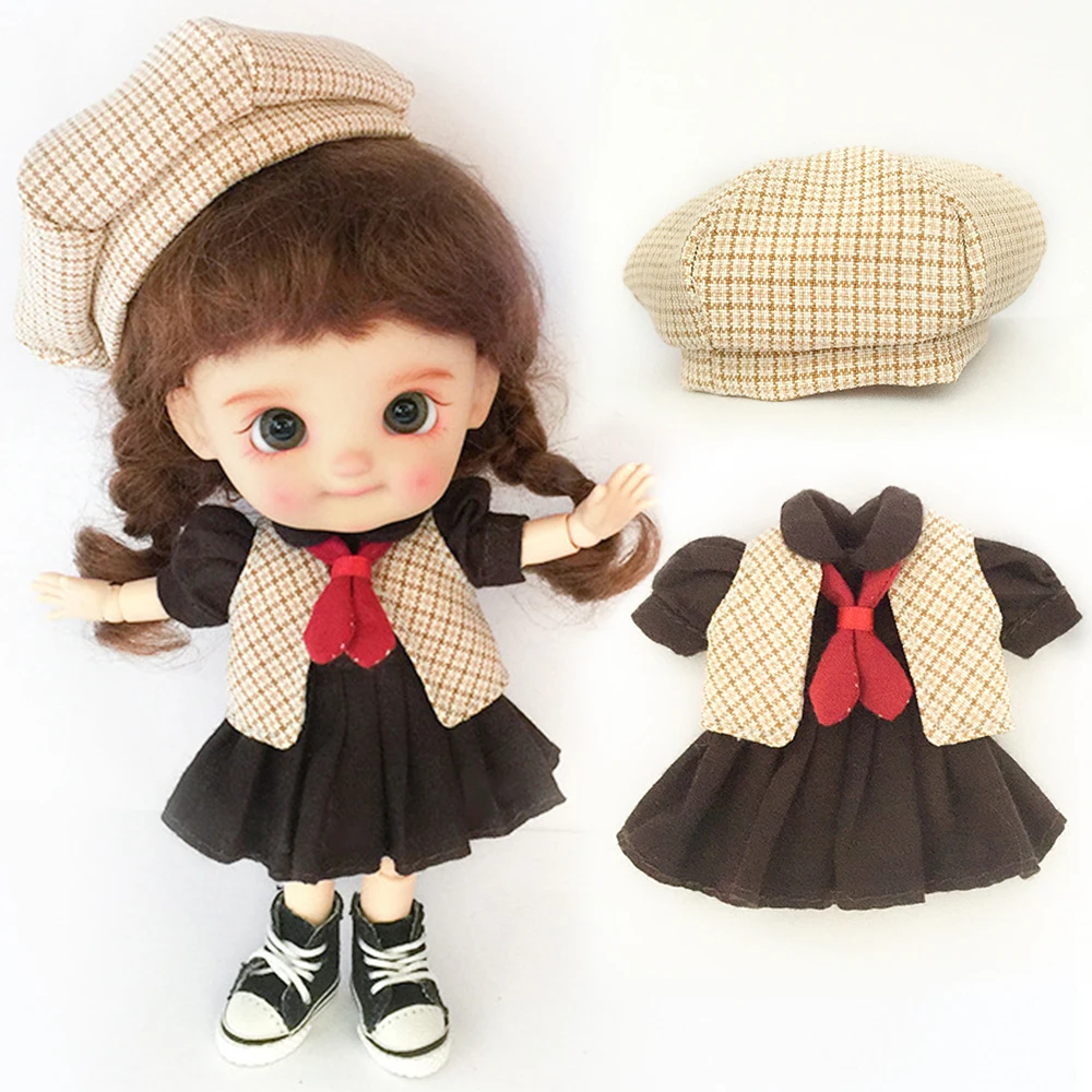 New Ob11 Doll Checkered vest Dress With Beret Accessories For Nendoroids Obitsu11 Molly Ymy Gsc 1/12 Bjd Doll