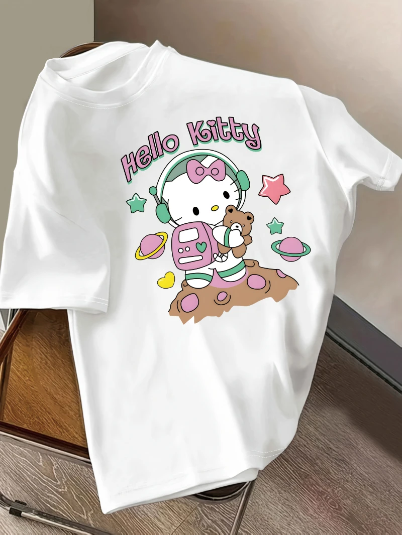 

Sanrio Hello Kitty с рисунком астронавта, женская повседневная футболка с короткими рукавами, летний и осенний топ с космическим принтом
