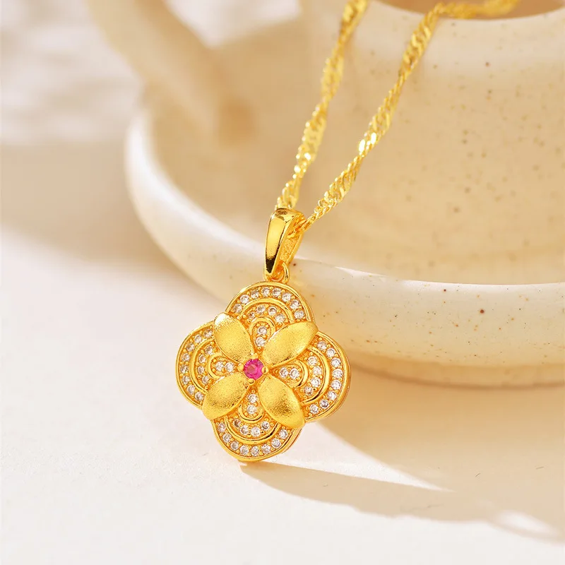

Luxury 24K 9999 Pure Gold real gold Women's Clover Flower Pendant Necklace