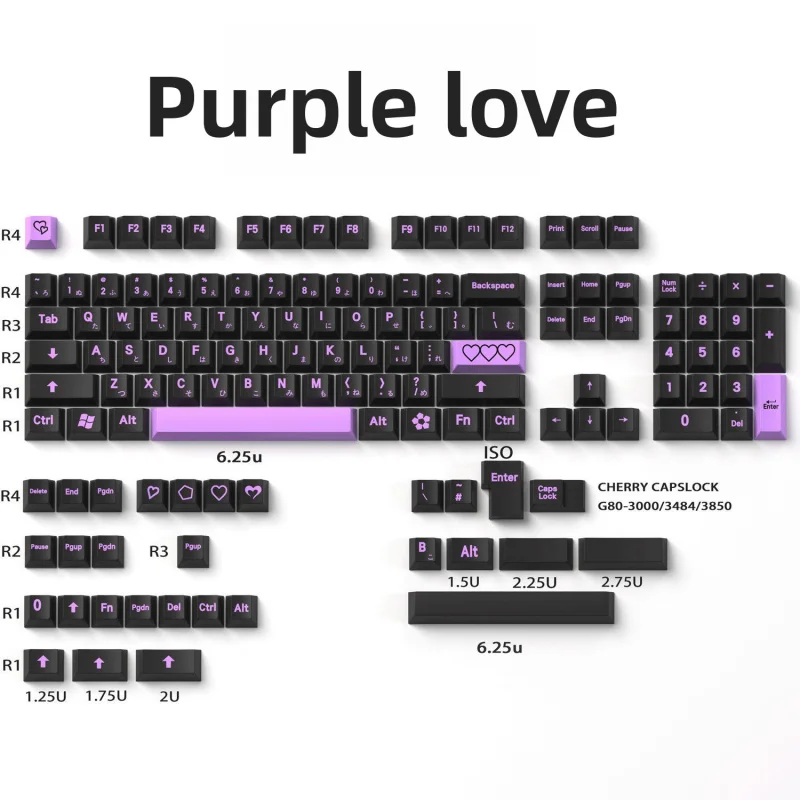 

Purple Love Keycap Black and Purple cherry Height PBT Five-sided Sublimation Personalized Creative Mechanical Keyboard Keycaps