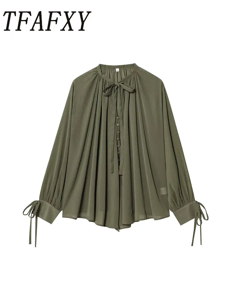 

TFAFXY Women's Elegant Chic Blouse Lace-up O-Neck Sleeve Ruffles Shirts Fashion Spring Summer Casual Blouses