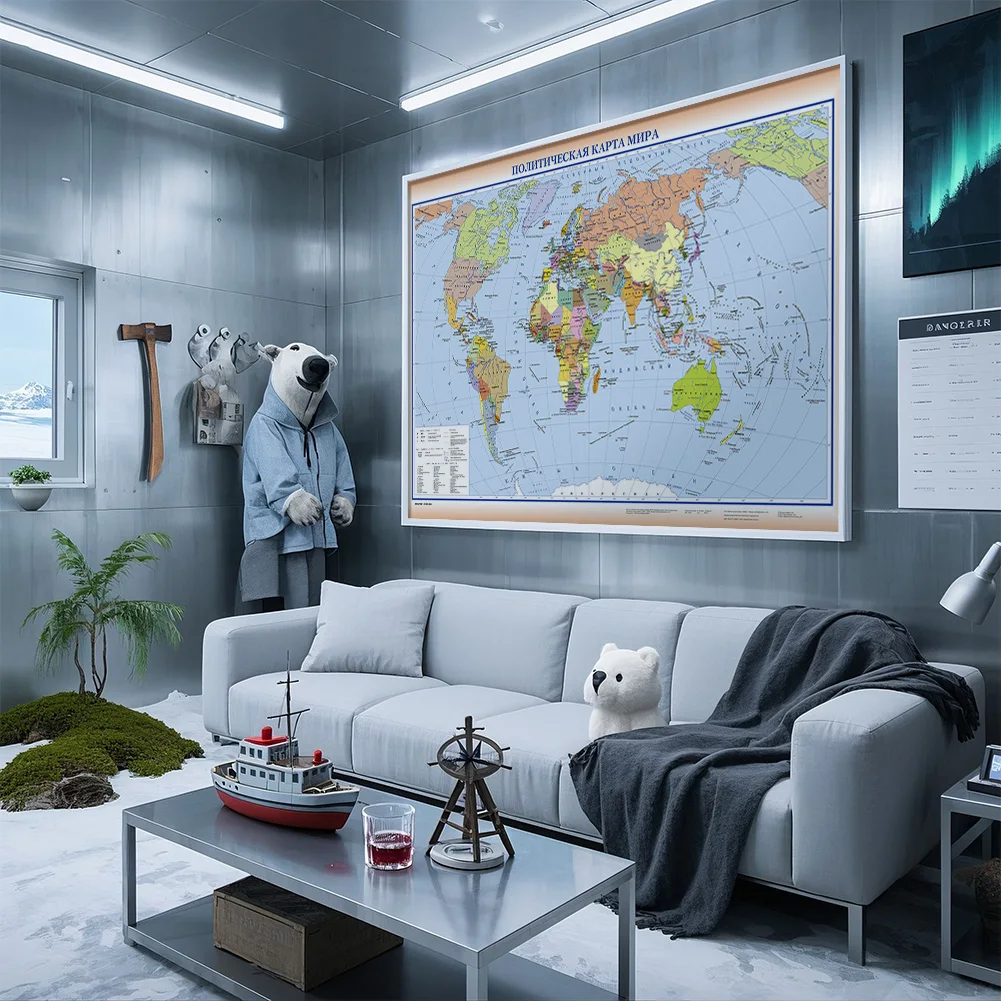 

225*150cm World Map Non-woven Poster in Russian Foldable Canvas Painting Wall Art Office School Educational Map for Kids