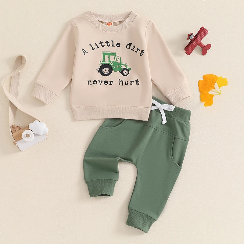 2024-05-27 Lioraitiin Boys Fall Set Letter Tractor Print Long Sleeve Round Neck Tops Drawstring Pocket Long Pants Outfits