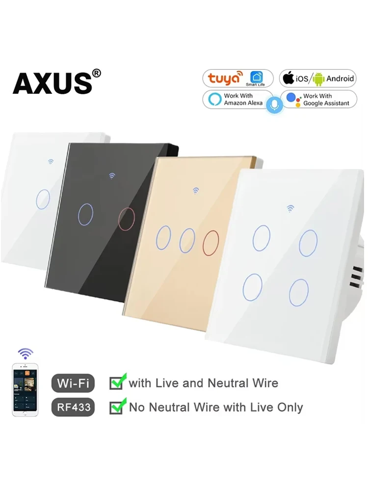 AXUS EU WiFi RF 433MHz Inteligentny Bezprzewodowy Dotykowy Włącznik Ścienny 1/2/3/4 Gang z Przełącznikiem 220V Bez Przewodu Neutralnego Współpracuje z Tuya Alexa Google — 2