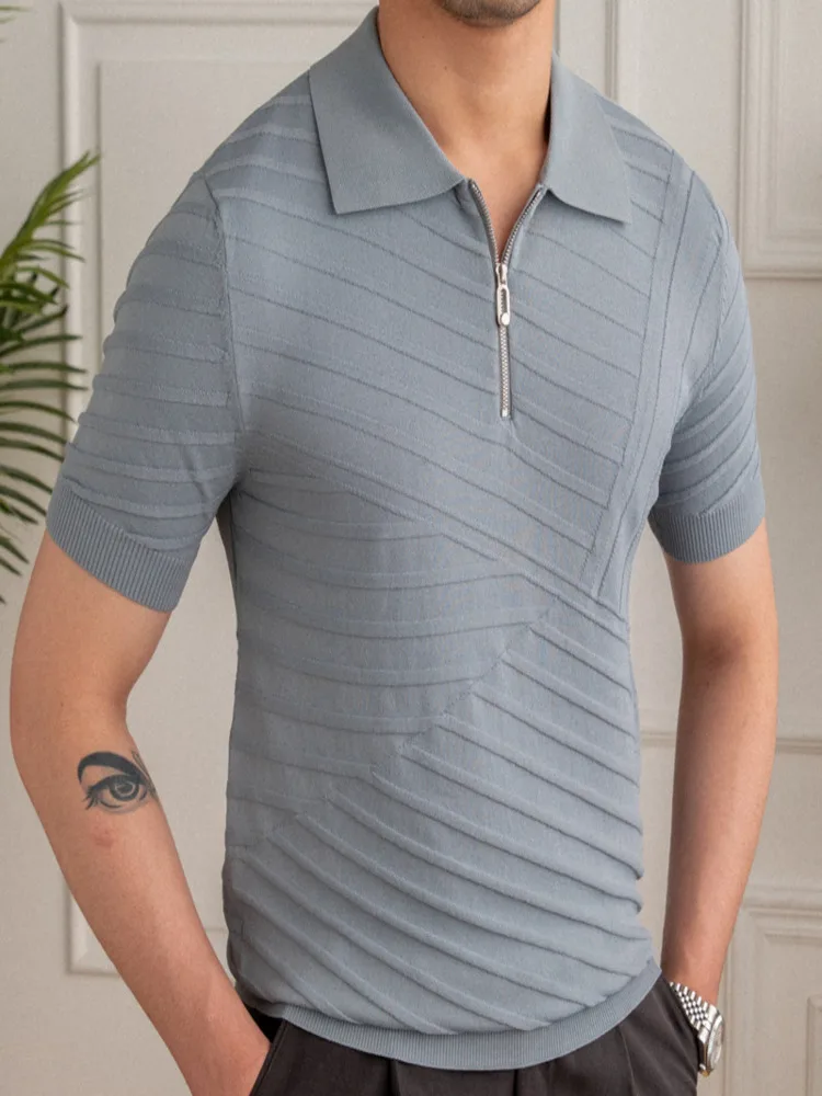 British Men's T Shirt Striped Jacquard Casual Slim Lapel Zipper Polo Summer Knit T-shirt Camisa Hombre Mannen 4Colours