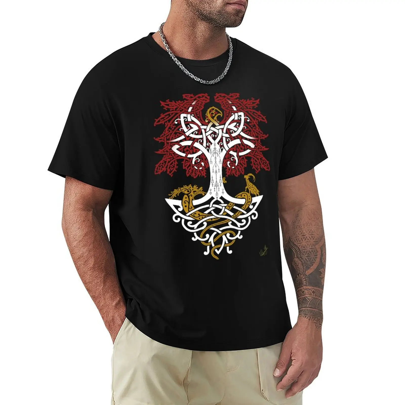 Yggdrasil and Creatures Norse Mythology Knotwork Coloured T-Shirt t shirt man designer T-Shirt
