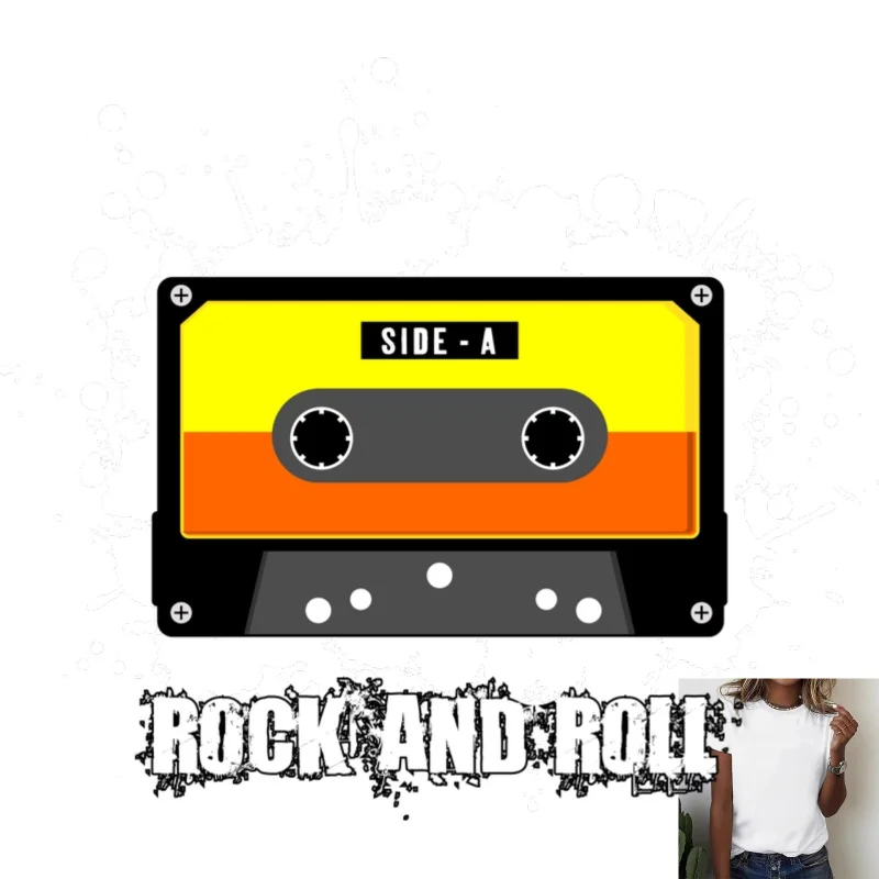 Vinilo Termoadhesivo Vintage de Cassette Rock and Roll con Tinta Blanca, Calcomanía Moderna y con Personalidad para Camisetas, Bolsas de Lona