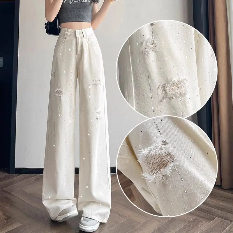 White Ice Silk Wide-leg Jeans Women's Super Hot Ripped Pants High Waist Leg Covering Shape Hot Diamond Floor Pants