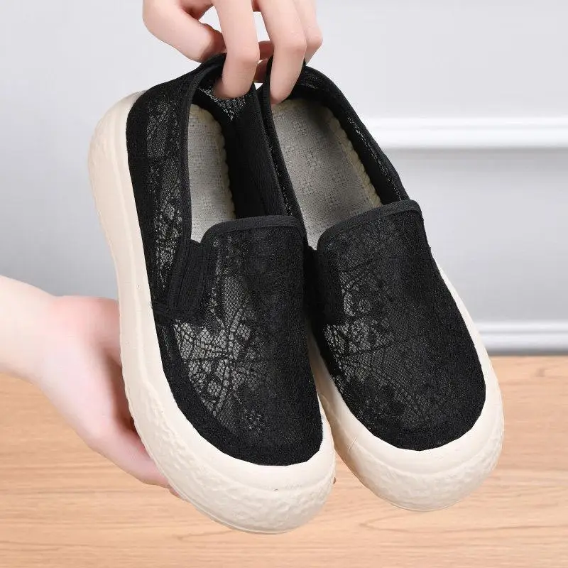 Women's Summer New Lace Mesh Fisherman Shoes Casual Breathable Hollow out Flat Bottom Slip-On Shoes Thick Heel Fashionable