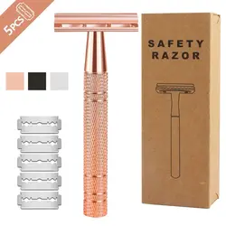 Rose Gold Silver Razor Classic Double Edge Safety Razor For Mens Shaving&Womens Hair Removal 5 Shaving Blades Manual Shaver