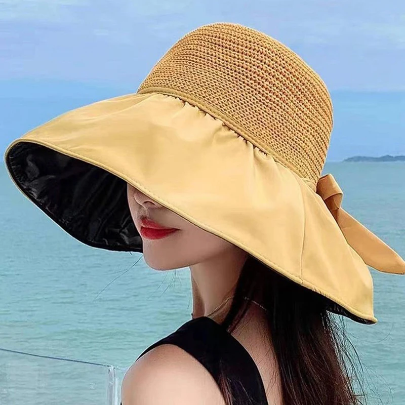 Summer New Women Bucket Hat UV Protection Sun Hats Solid Color Soft Foldable Wide Brim Outdoor Beach Panama Cap Ponytail Caps