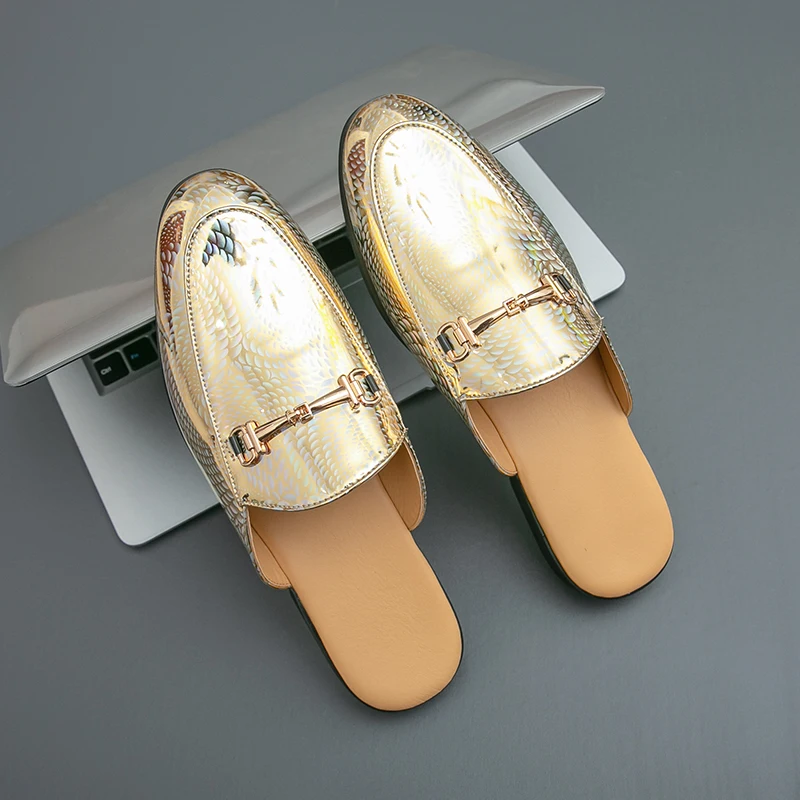 

Мужские получешки из лакированной кожи, лоферы большого размера с открытой спиной, тапочки, повседневная обувь с открытой спиной, шлепанцы, сандалии без шнуровки на плоской подошве