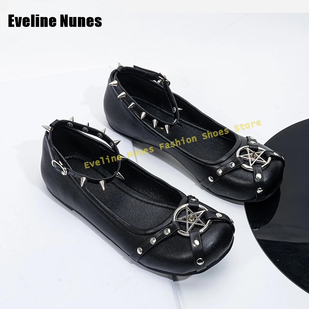 

Rivet Gothic Style Dark Pumps Round Toe Flat with Shallow Metal Pentagram Decoration Mary Janes Shoes Subculture 2025 Summer