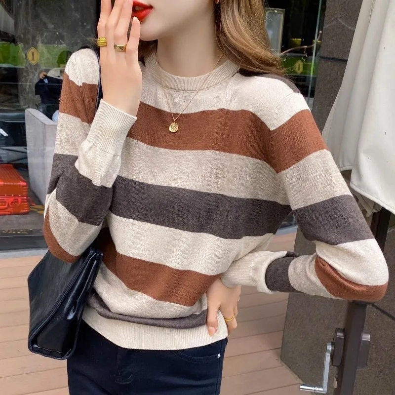 Women\'s Clothing Crew Neck Autumn Winter Pullover Long Sleeve Sweater Knitted Contrast Color Vintage Korean Fashion Tops