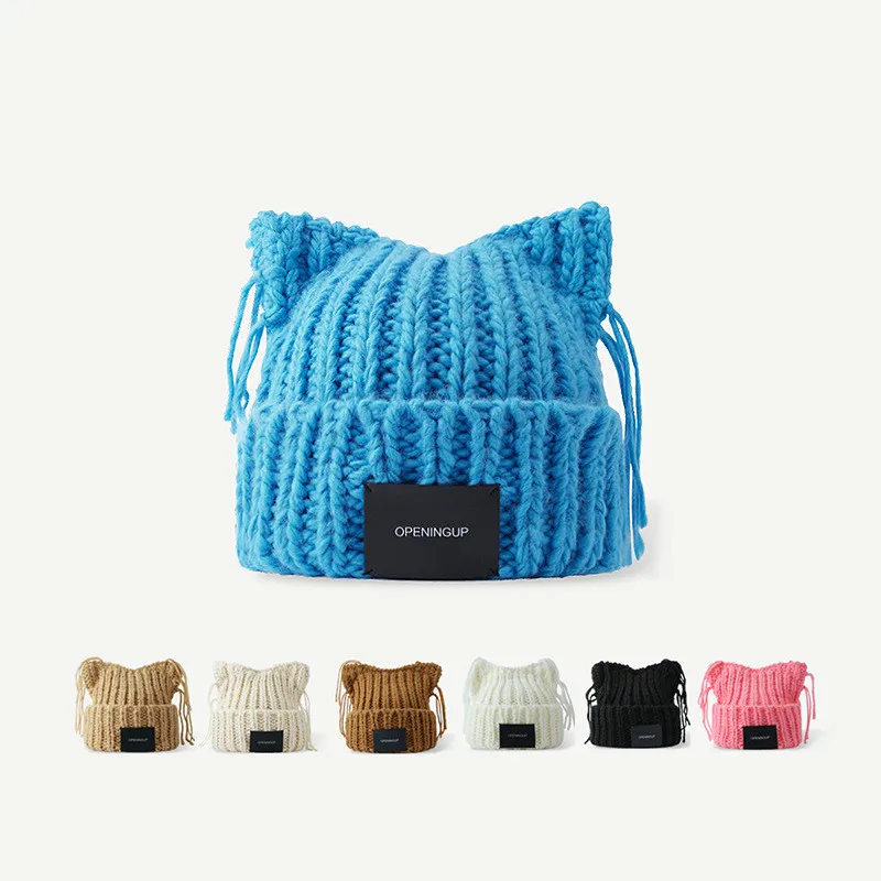 

Women Sweet Wool Hat Cute Cat Tassel Ears Knitted Cap Winter Thicken Keep Warm Letter Label Pullover Hat Girls Personality Caps