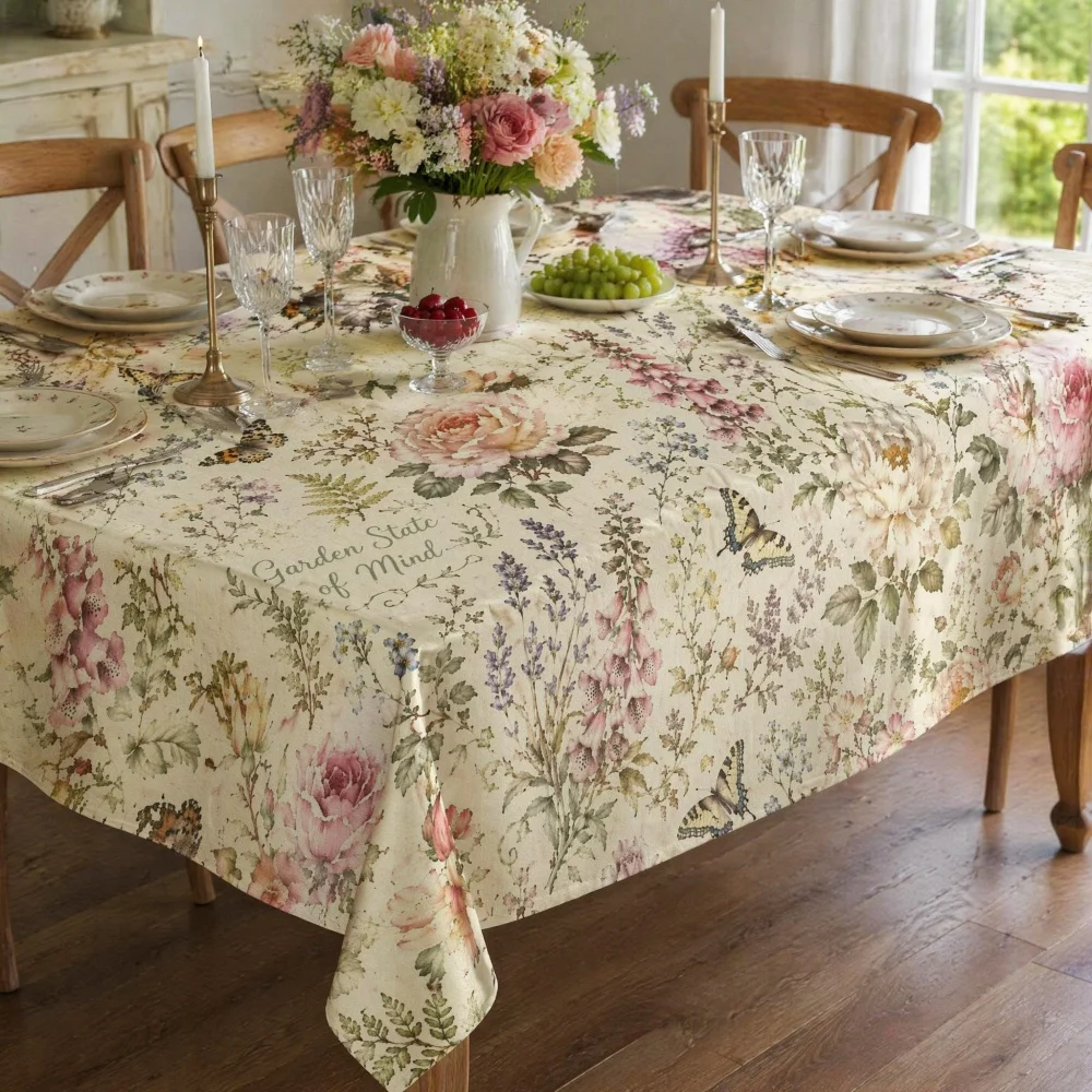 Retro Garden Rose Butterfly Tablecloth, Countryside Wildflower Fabric Decorative Table Cover for Dining Room Kitchen Home Decor