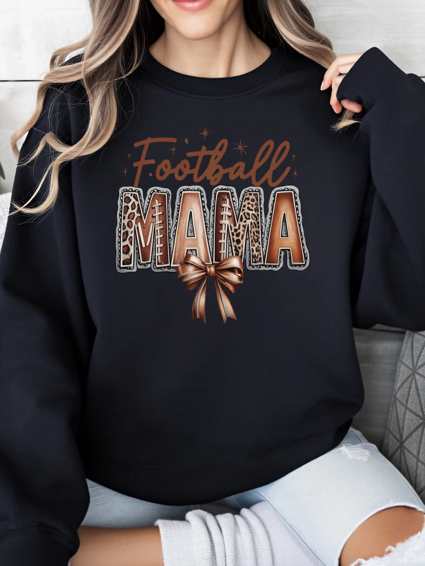 เสื้อสเวตเตอร์ลายเสือดาวฟุตบอลแมม่า ฮาโลวีน เสื้อผ้าลำลองสำหรับผู้หญิง สีดำ ไซส์พลัส