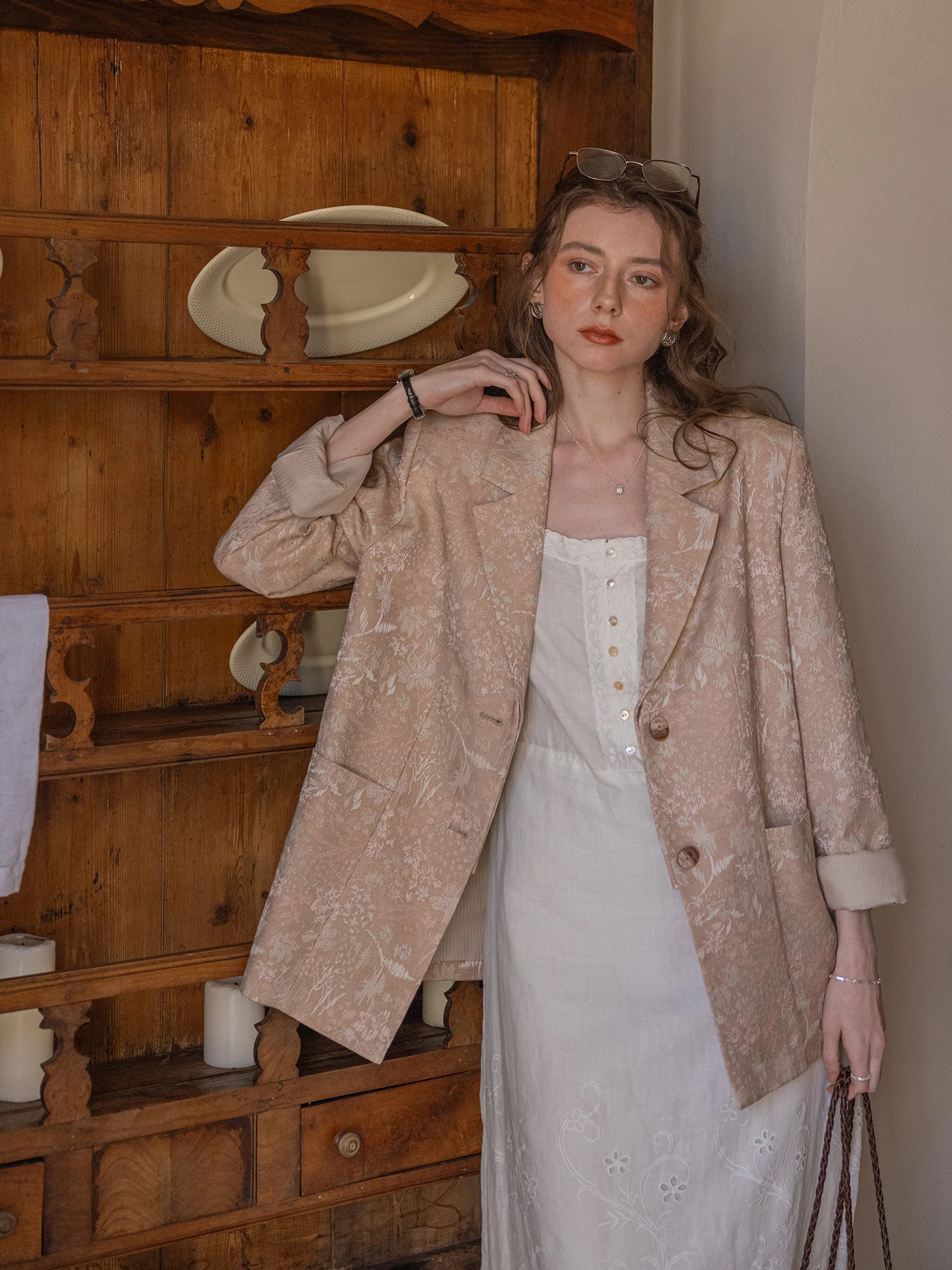 Giacca da Donna Sena Harvest Light Color con Motivo Intrecciato Sottile, Colletto Staccabile, Silhouette Retrò, Primaverile