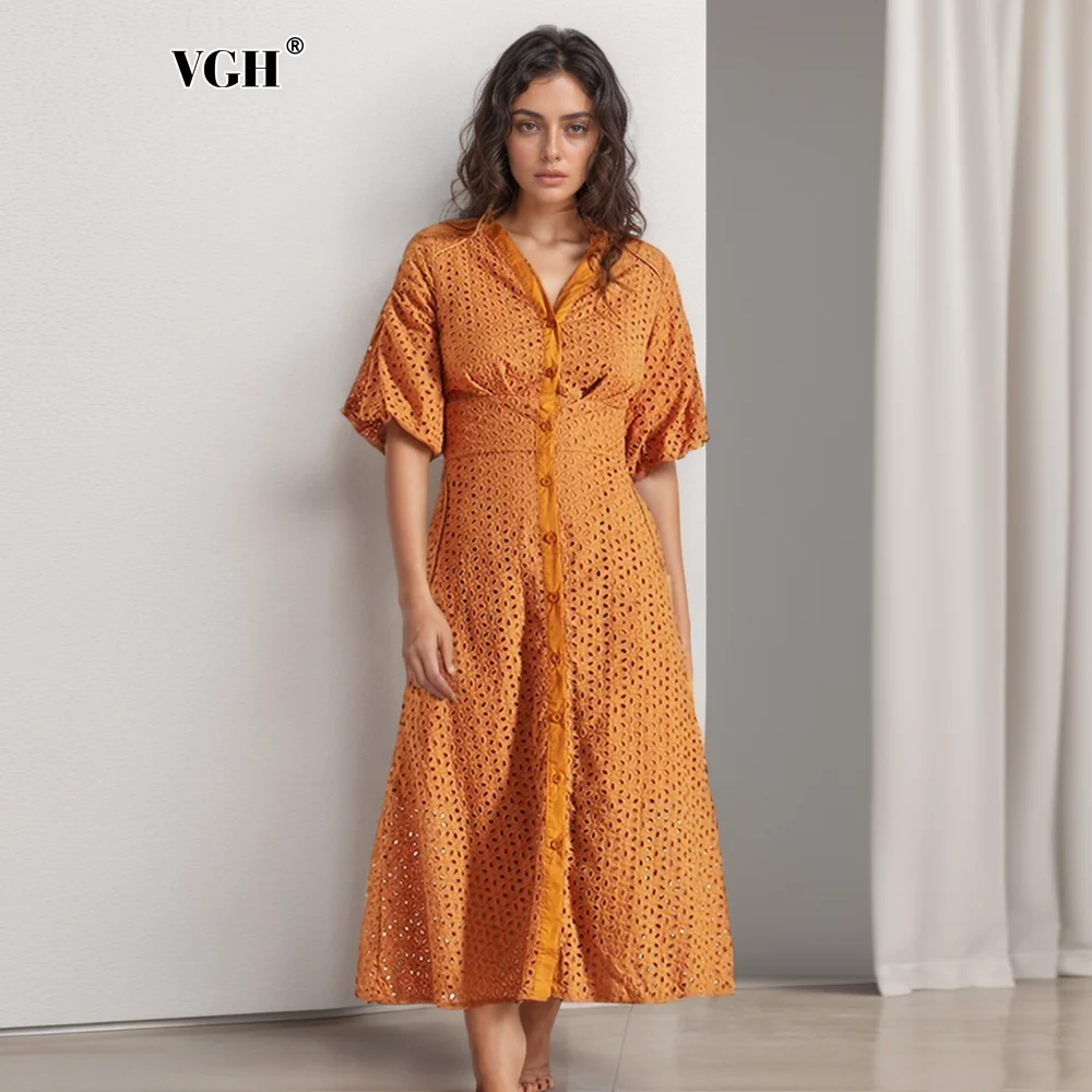 vgh-hollow-out-vintage-white-dress-for-women-v-neck-puff-sleeve-high-waist-casual-long-dresses-female-summer-new-clothing