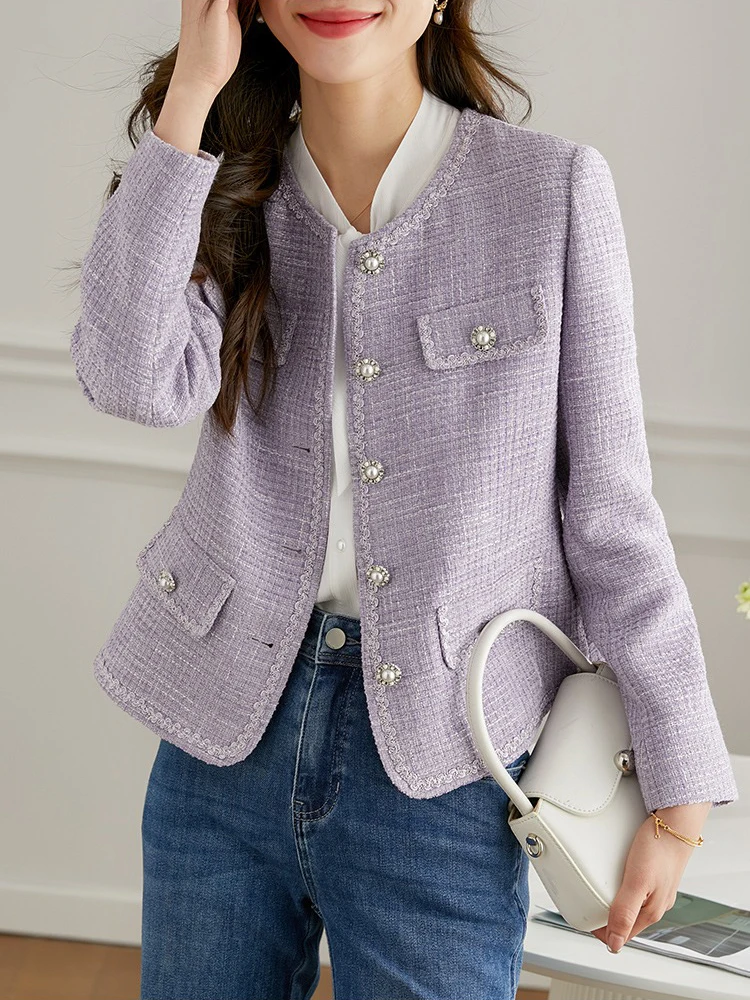 CJFHJE Women\'s Purple Casual Tweed Short Coat  Autumn New Korean Fashion Office Lady Commuting Round Neck Top New Female Jacket