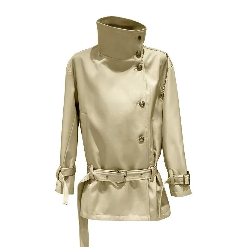 

Fashionable Khaki Short Standing Neck Trench Coat for Women in The Autumn with A Lazy and Slimming Design