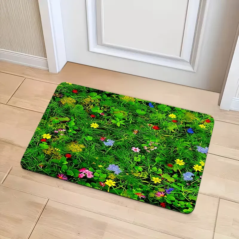 Vitality Green Grassland Flower Door Mat Machine Washable Entrance Kitchen Living Room Decoration Floor Mat Home Decoration