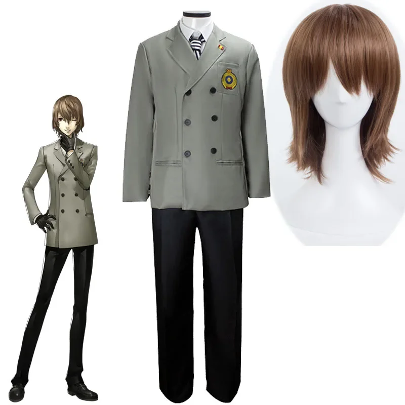 Akechi Cosplay Traje para Pessoa 5, AKC Uniforme Terno, Corvo, Peruca Cosplayer, Headwear
