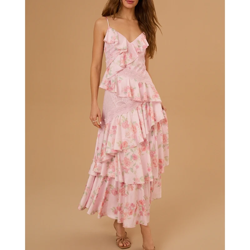 Combhasaki 여성 꽃 프린트 레이스 패치 워크 민소매 v 넥 백 레스 불규칙한 계층화 된 프릴 계층화 된 라인 롱 슬립 드레스