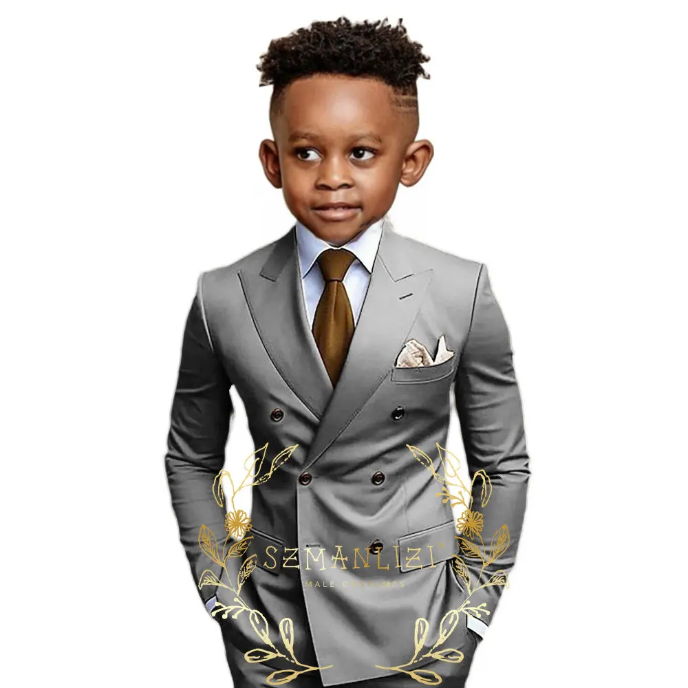 Brown Boys Suit Double Breasted Jacket Pants 2 Piece Set Business Style Formal Wedding Tuxedo Custom Size Blazer Kids